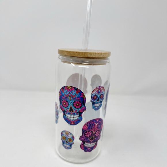 Other - NEW! Sugar skull calavera glass cup with bamboo lid and glass straw 16 oz